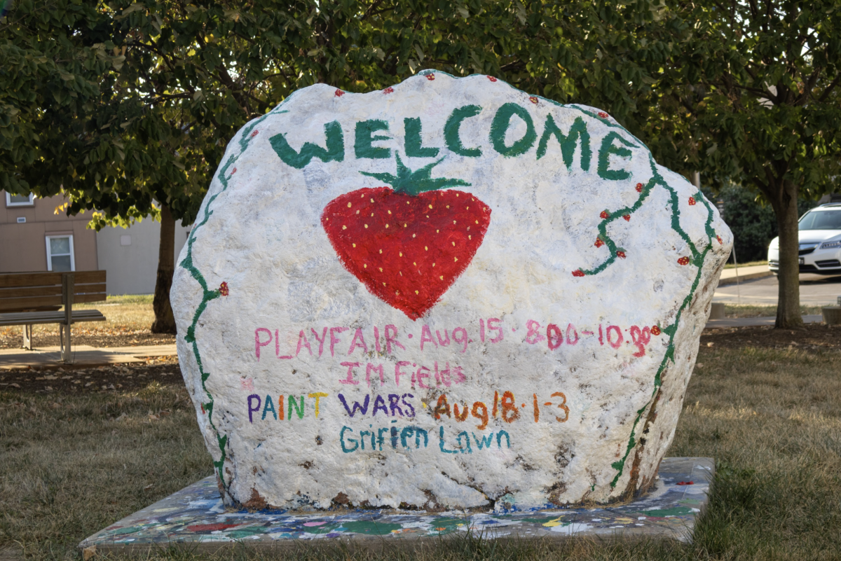 Upcoming campus events are often painted on the rock.